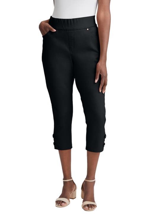 Jessica London Comfort Waist Stretch Denim Lace-up Capri In Black