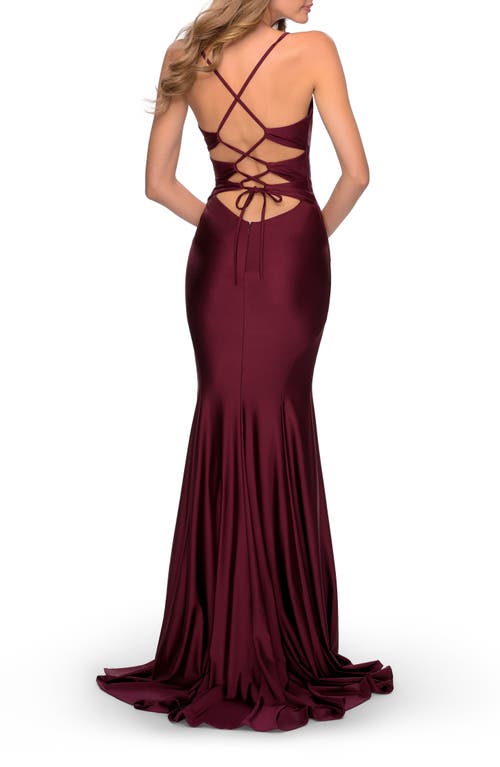 La Femme Long Dress With Knotted Detail And Lace Up Back In Burgundy