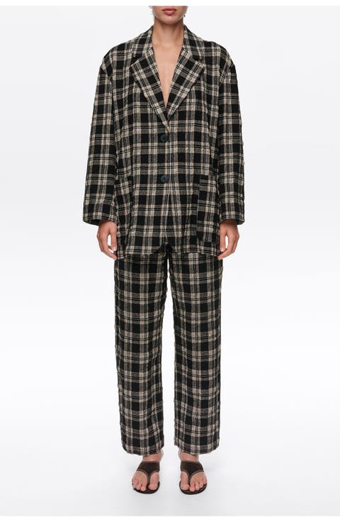 Checked Straight Tailored Wool Blazer