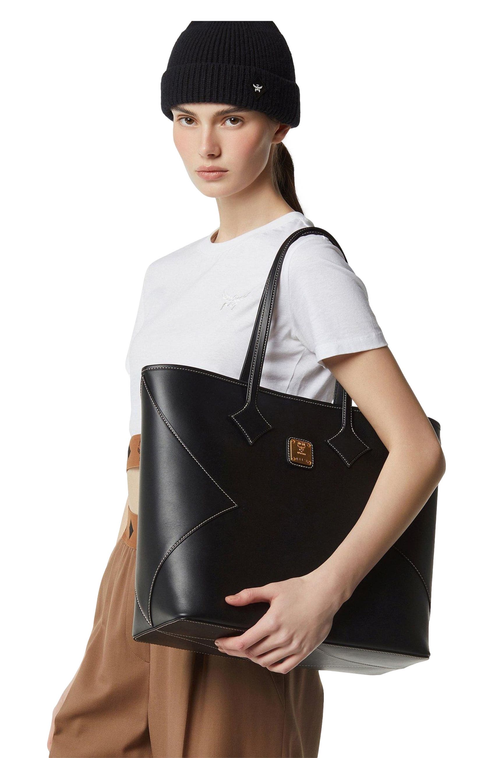 MCM Large Dia Shopper in Calfskin Leather, Alternate, color, Black