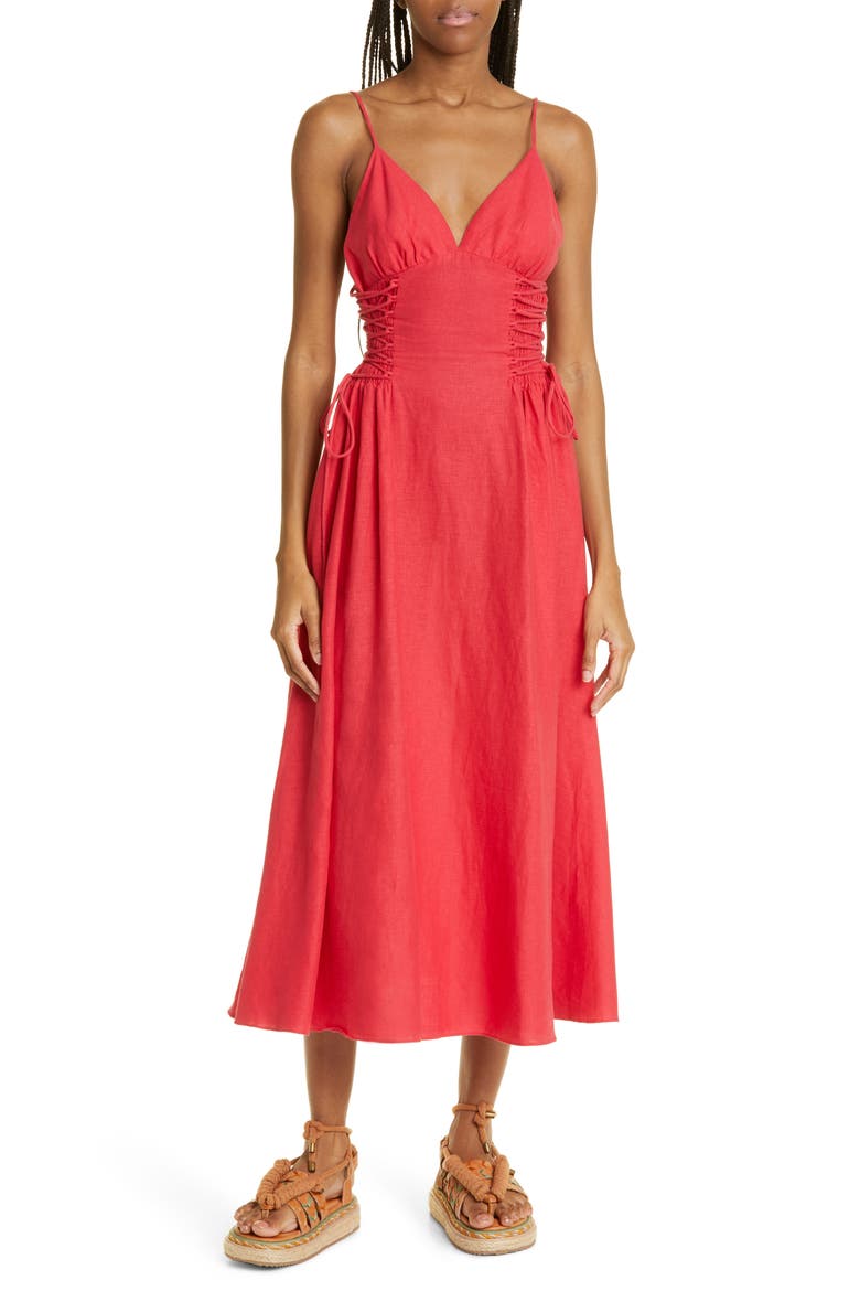 Side Laced Linen Blend Dress, Main, color, RED
