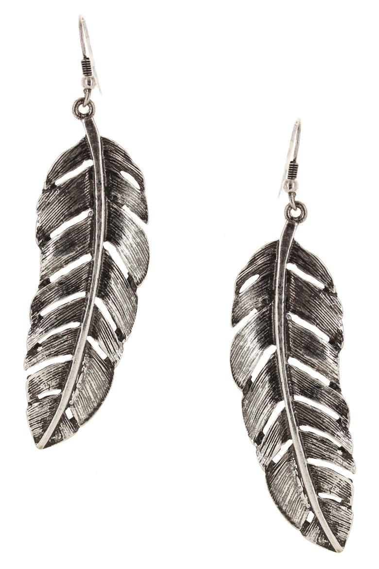 Feather Drop Earrings, Main, color, BURNISHED SILVER