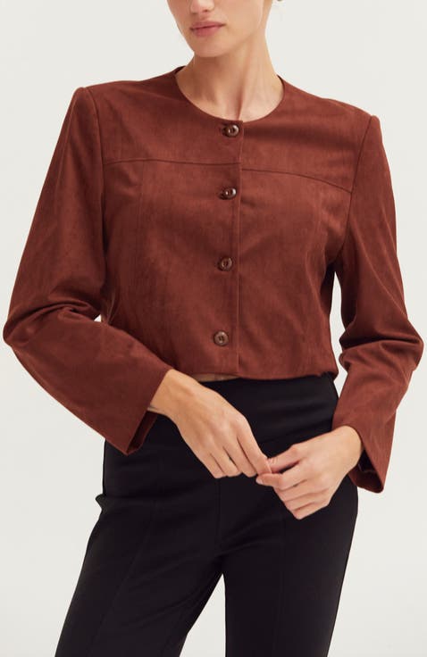 Faux Suede Collarless Cropped Jacket