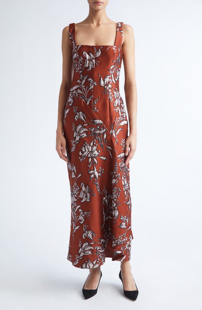Lela Rose Metallic Floral Brocade Gown, Main, color, Brick