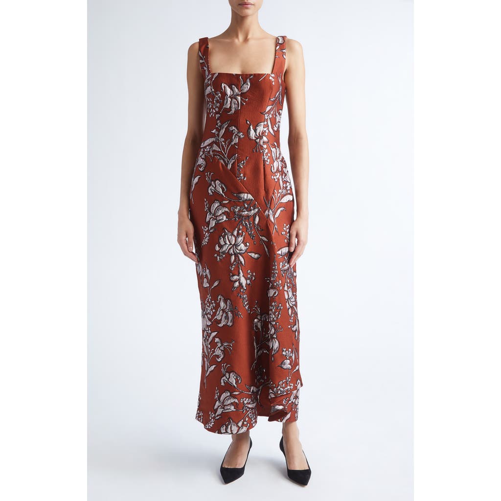 Lela Rose Metallic Floral Brocade Gown In Brown