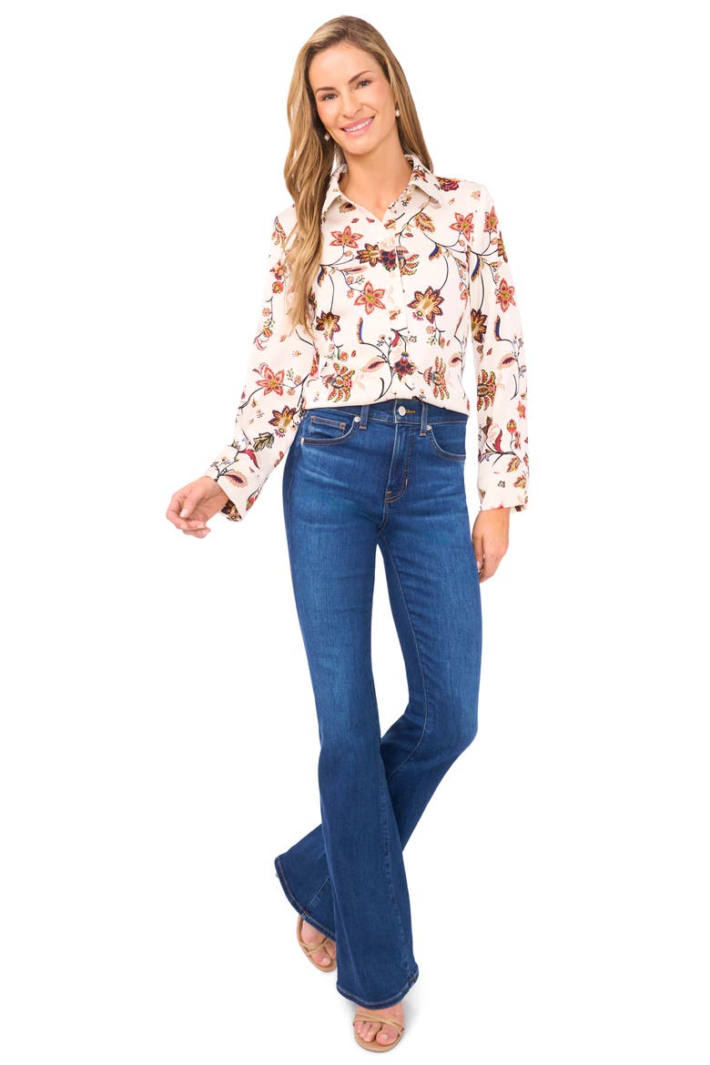 Floral Border Print Satin Button-Up Shirt, Alternate, color, BUTTERCREAM