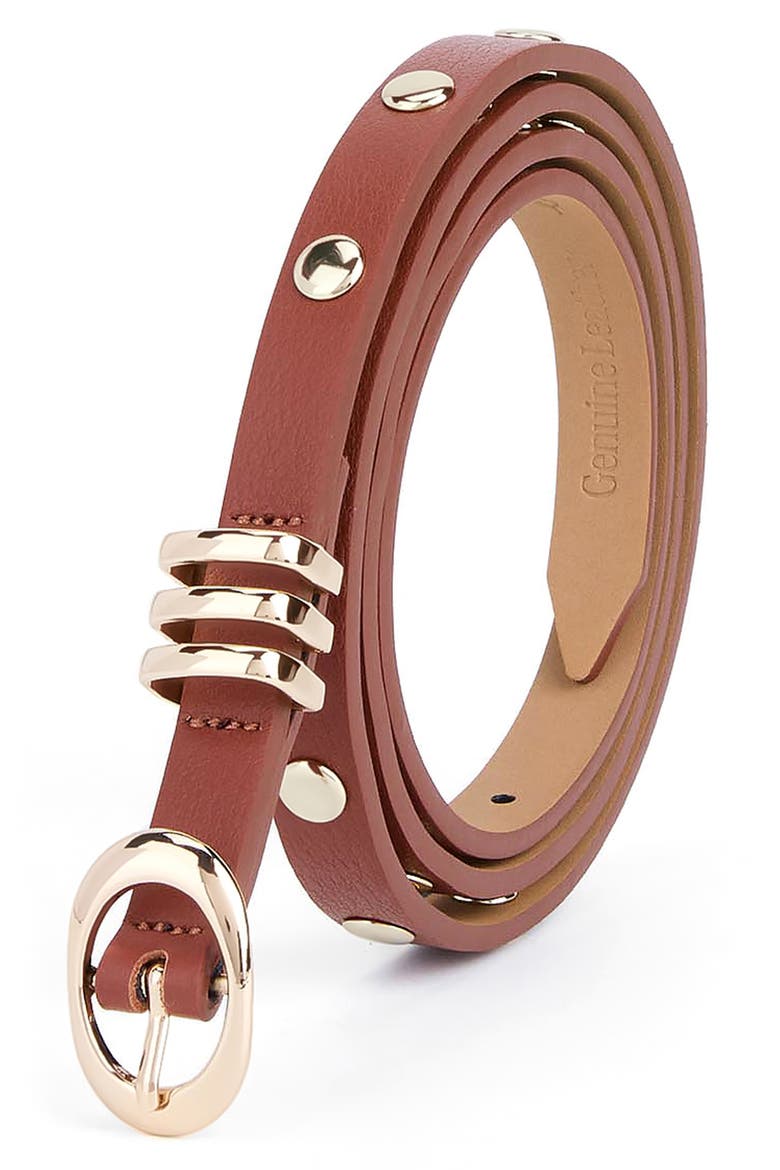 Skinny Studded Leather Belt, Alternate, color, COGNAC