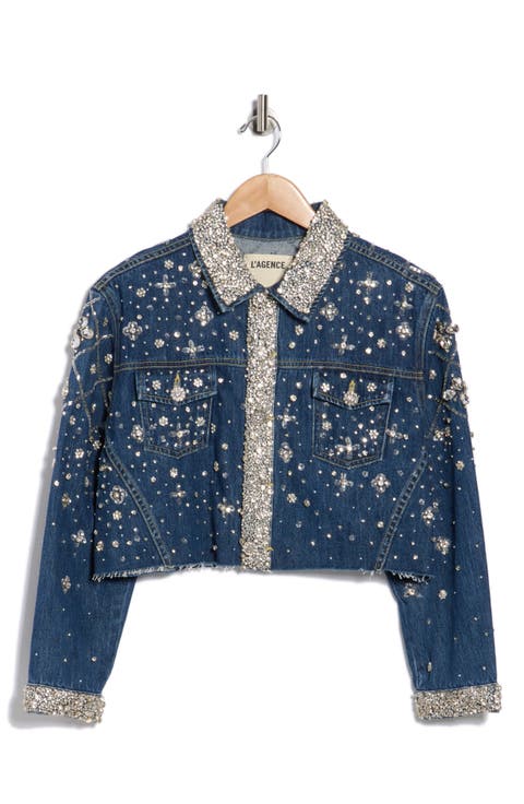 Genevie Crystal Embellished Crop Denim Jacket