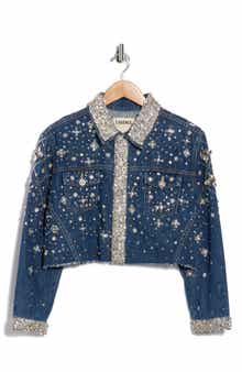 L'AGENCE Genevie Crystal Embellished Crop Denim Jacket
