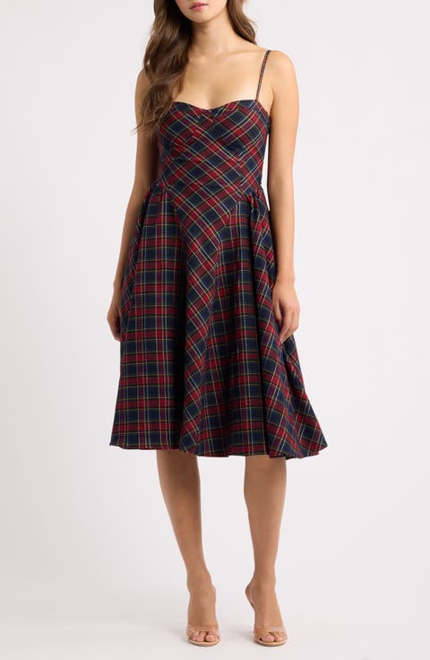 Plaid Sweetheart Neck Tie Back Dress
