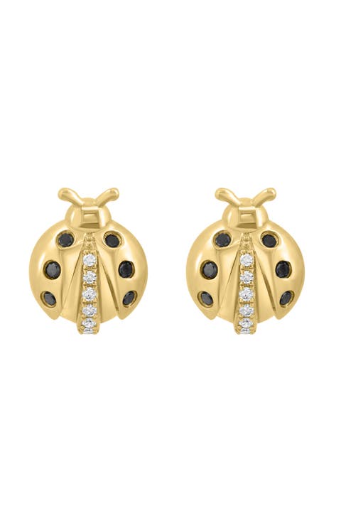 14K Yellow Gold Black & White Diamond Ladybug Stud Earrings