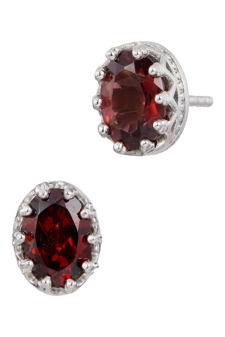 Rhodium Plated Sterling Silver Oval Semiprecious Stone Stud Earrings, Main, color, SILVER/ GARNET