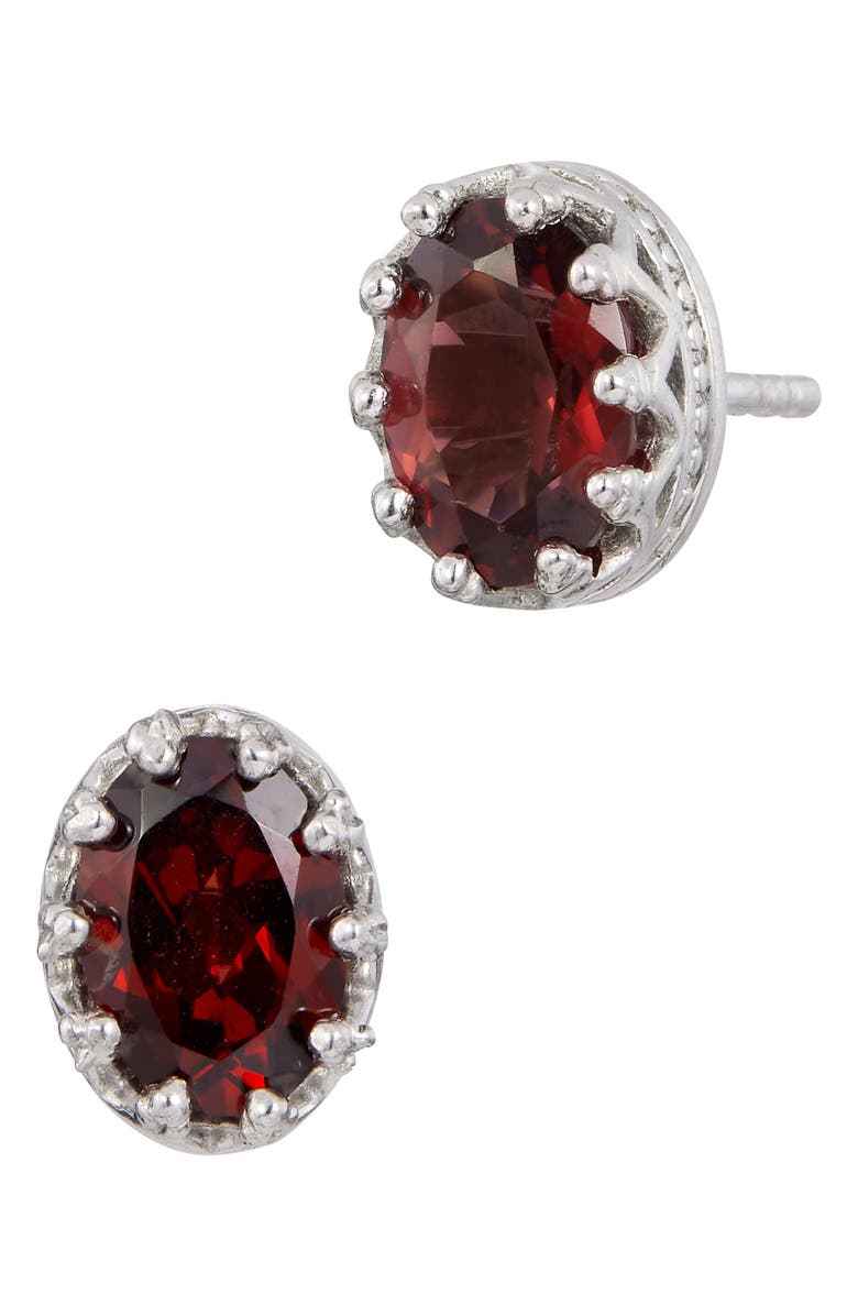 SAVVY CIE JEWELS Rhodium Plated Sterling Silver Oval Semiprecious Stone Stud Earrings, Main, color, Silver/ Garnet