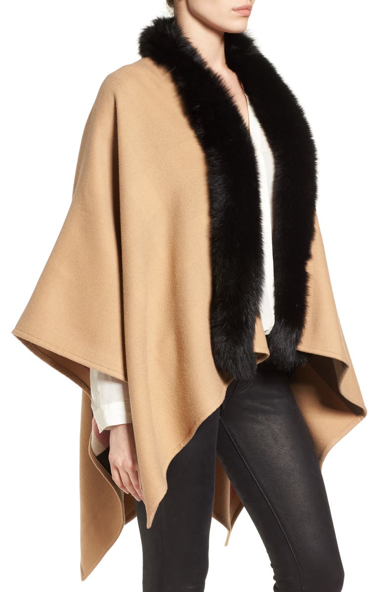 Burberry Charlotte Genuine Fox Fur Trim Reversible Cape, Alternate, color, 