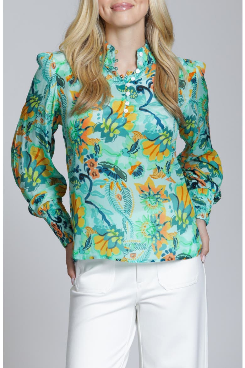 Print High Neck Shirt, Main, color, TURQUOISE YELLOW MULTI