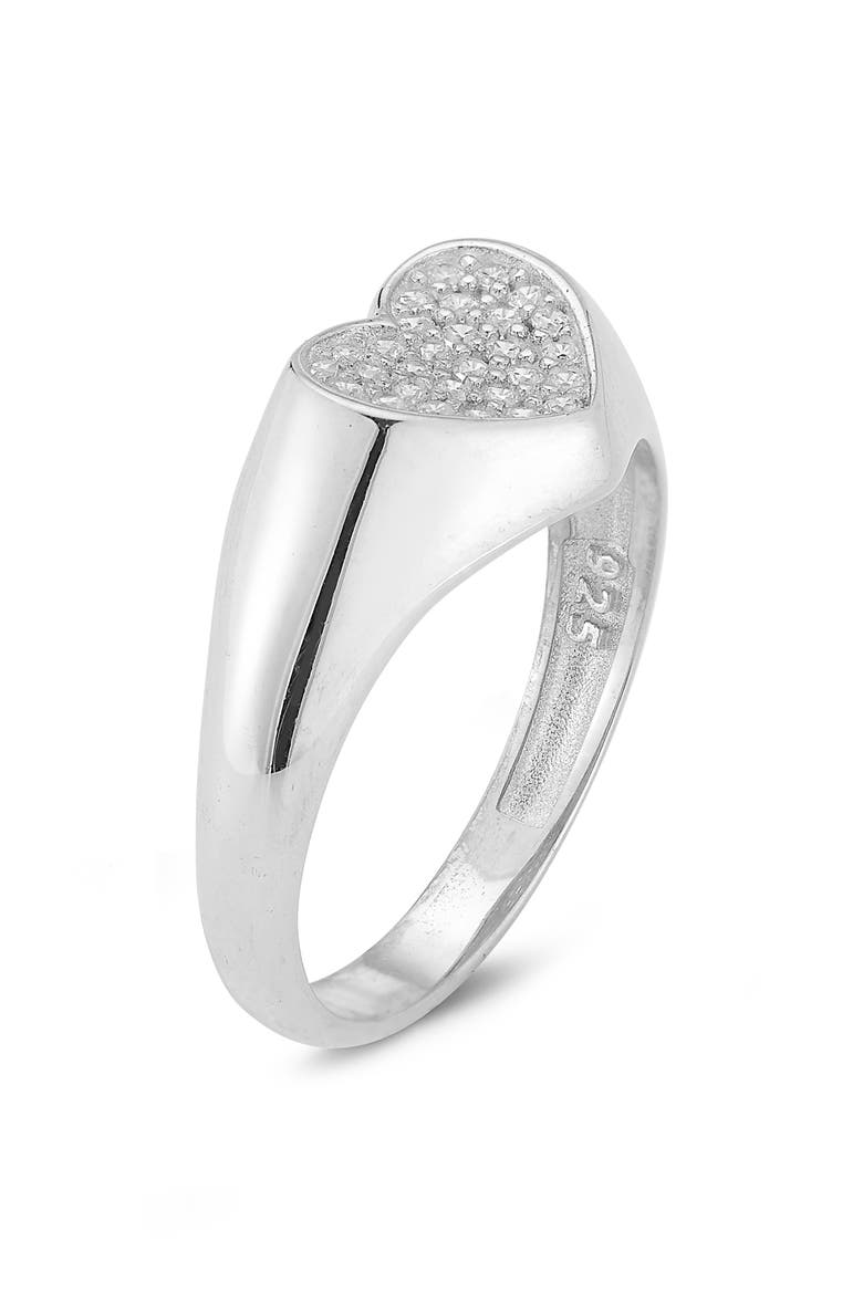 14K Gold Plate Heart Shape CZ Signet Ring, Alternate, color, SILVER