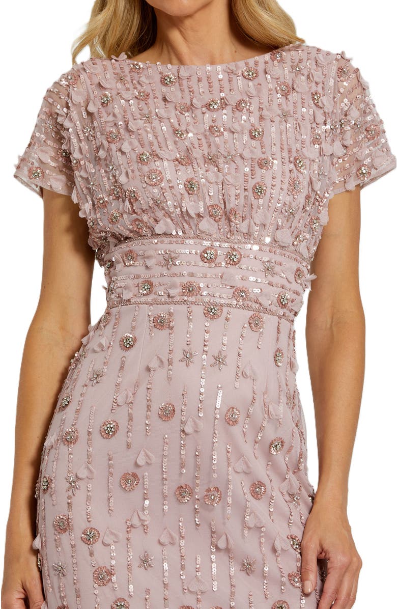 Mac Duggal Cap Sleeve Column Midi Dress With Floral Beading, Alternate, color, Vintage Lilac