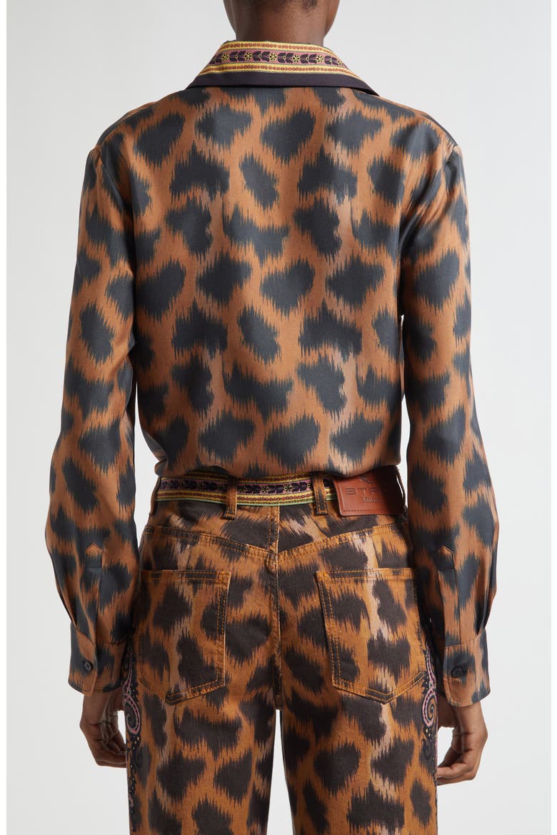 Leopard Silk Twill Button-Up Shirt, Alternate, color, DARK BROWN