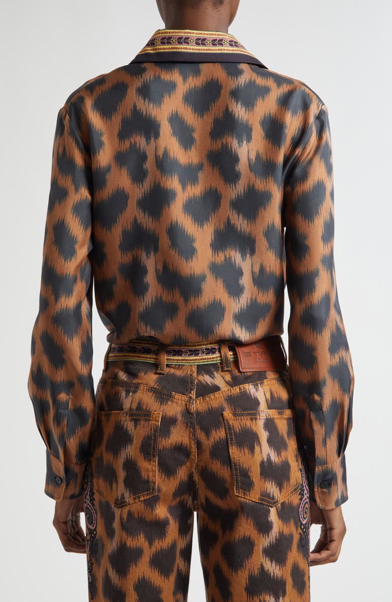Etro Leopard Silk Twill Button-Up Shirt, Alternate, color, Dark Brown