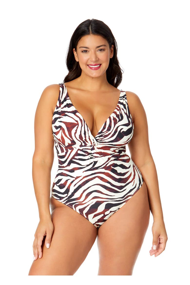 Women's Plus Tiger Dance Plunge Twist One Piece Swimsuit, Main, color, Tiger Dance