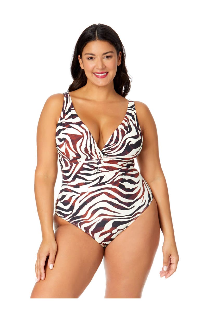 Anne Cole Plus Women's Plus Tiger Dance Plunge Twist One Piece Swimsuit, Main, color, Tiger Dance