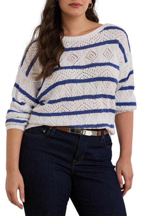 ラルフ・ローレン Lauren Ralph Lauren Plus Size Cotton-Blend Sweater レディース Sweaters Lauren Ralph Lauren Plus Size Striped Cotton-Blend Crew Neck