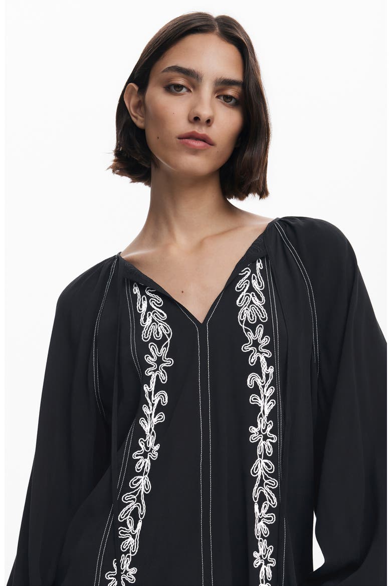 Embroidered Tie Neck Top, Alternate, color, BLACK