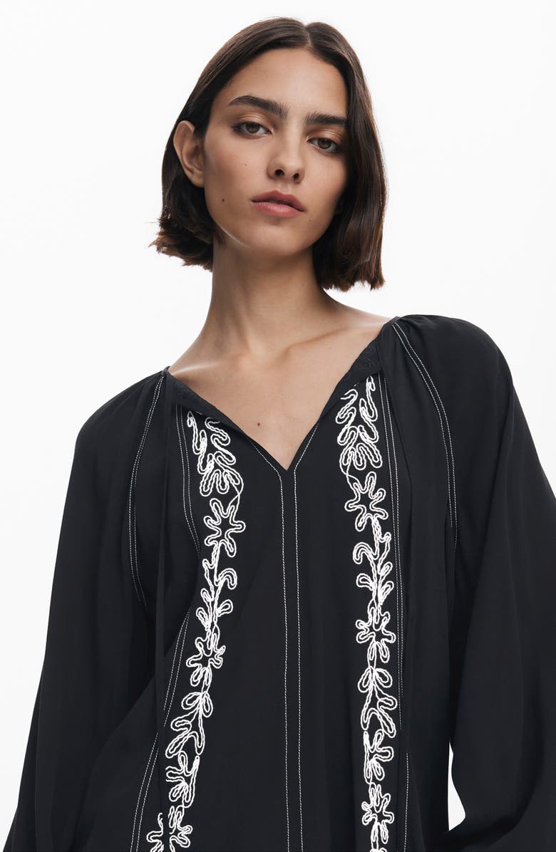 Desigual Embroidered Tie Neck Top, Alternate, color, Black