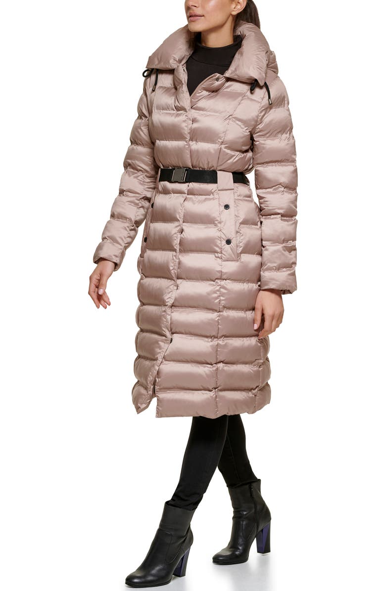 Kenneth Cole New York Cire Hooded Belted Puffer Jacket, Alternate, color, Champagne
