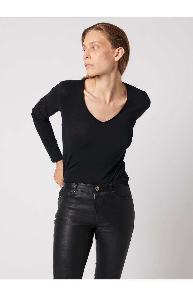 Majestic Filatures Soft Touch Long Sleeve V-Neck T-Shirt, Alternate, color, Noir