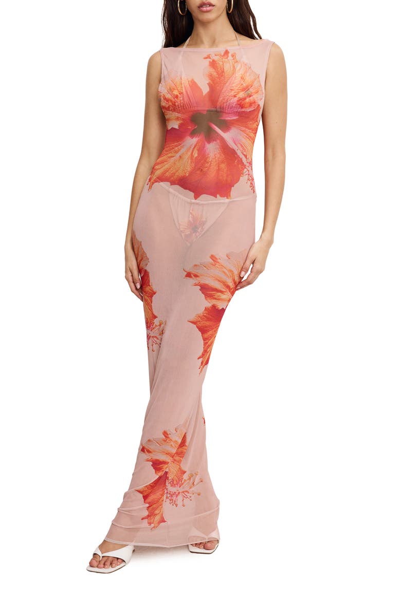 Gauze Mesh Cover-Up Maxi Dress, Main, color, MAUVE TROPICAL HIBISCUS001