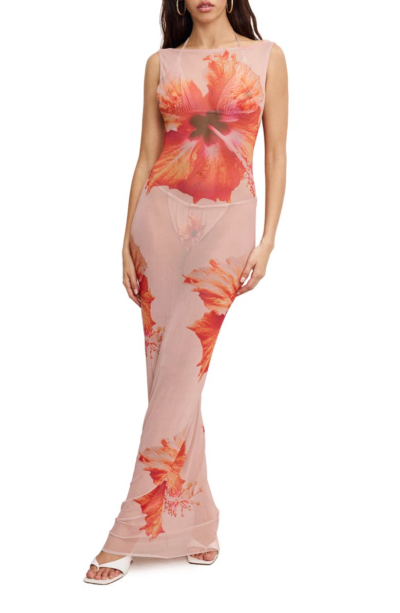 Good American Gauze Mesh Cover-Up Maxi Dress, Main, color, Mauve Tropical Hibiscus001