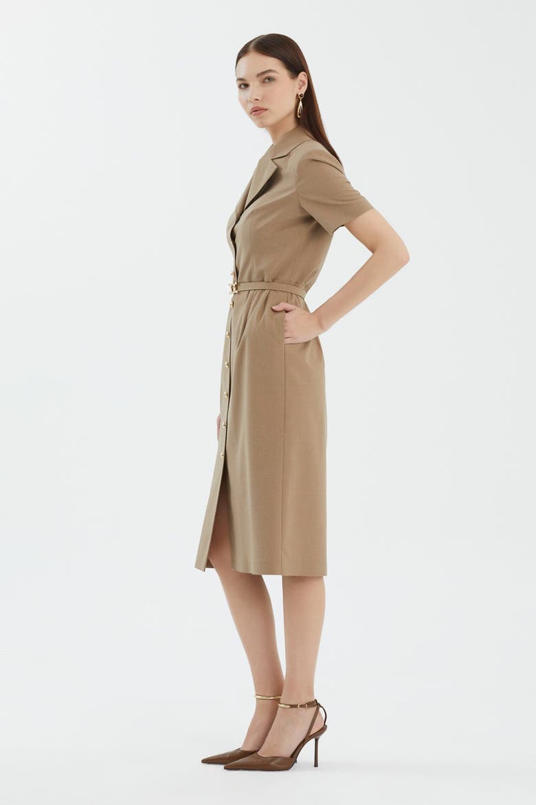 Beige Short Sleeve Belted Midi Dress, Alternate, color, Beige