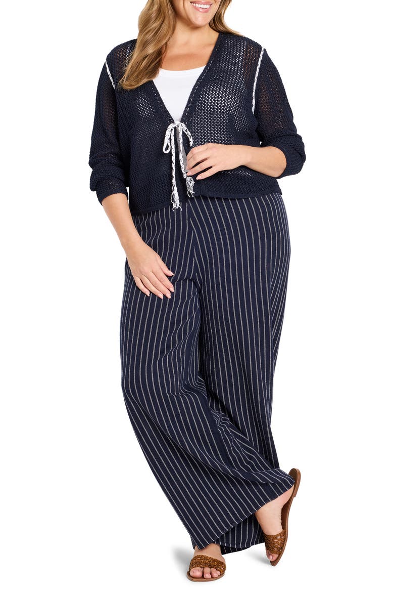 Tie Front Open Stitch Cotton Blend Cardigan, Alternate, color, DARK INDIGO