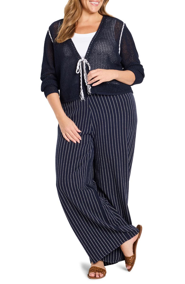 NIC+ZOE Tie Front Open Stitch Cotton Blend Cardigan, Alternate, color, Dark Indigo