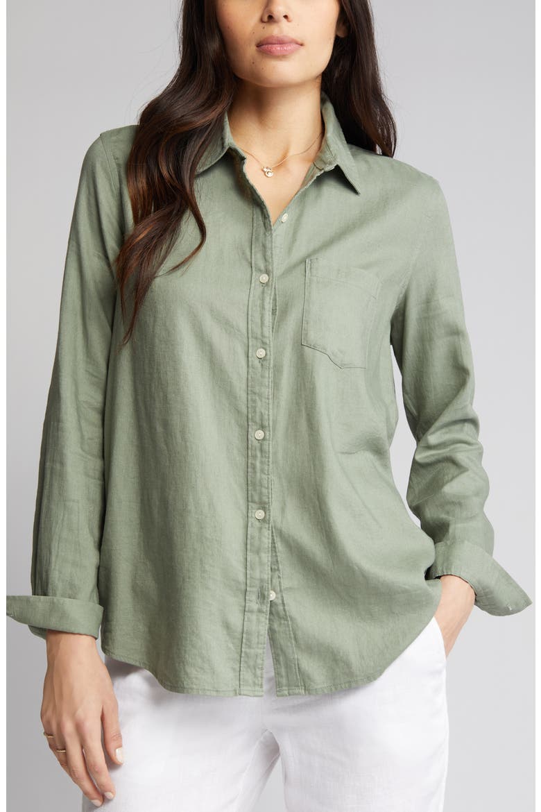 Casual Linen Blend Button-Up Shirt, Alternate, color, GREEN DUNE