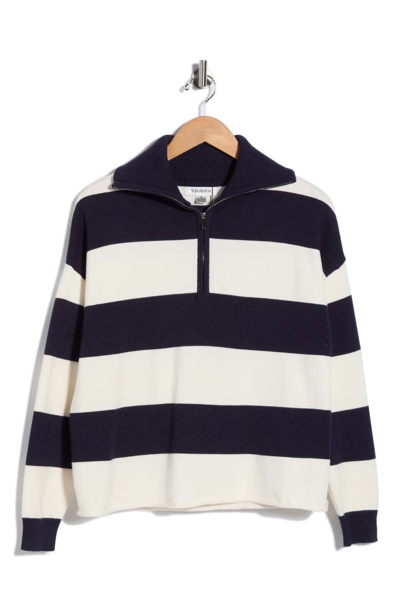 Rugby Stripe Quarter Zip Sweater, Alternate, color, NAVY/ CREME