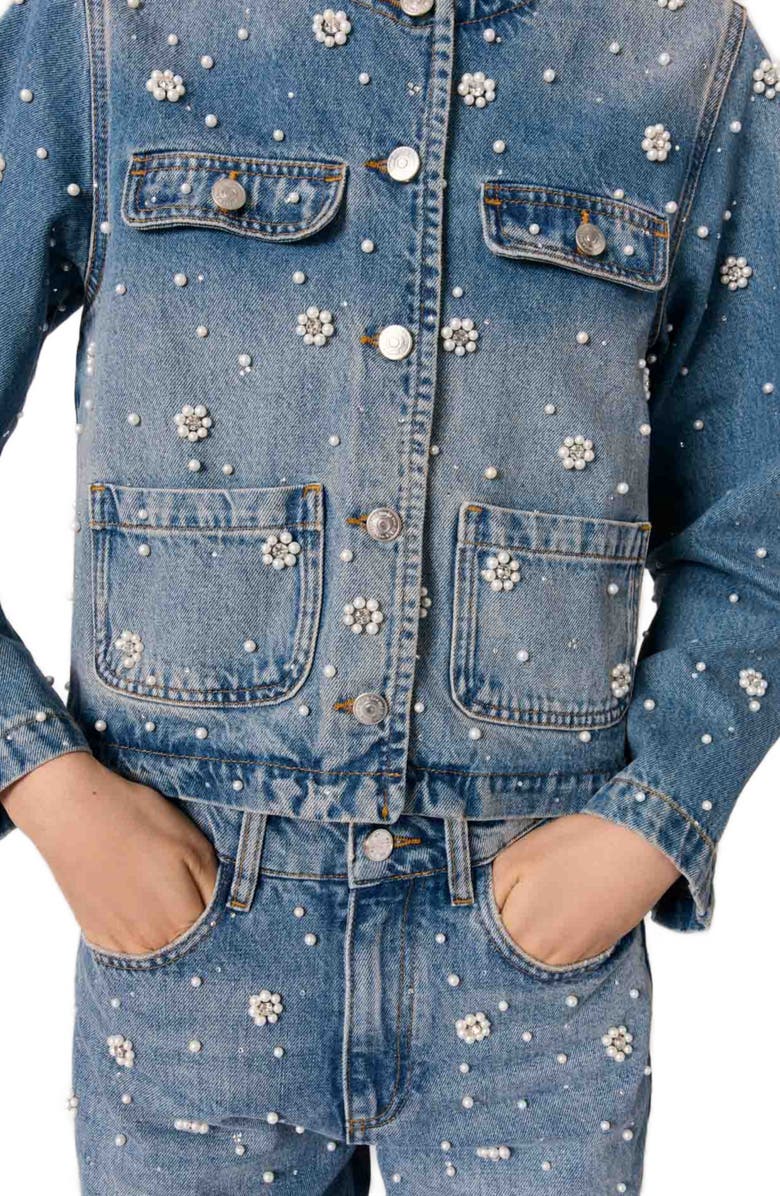 maje Embroidered denim jacket, Alternate, color, Blue