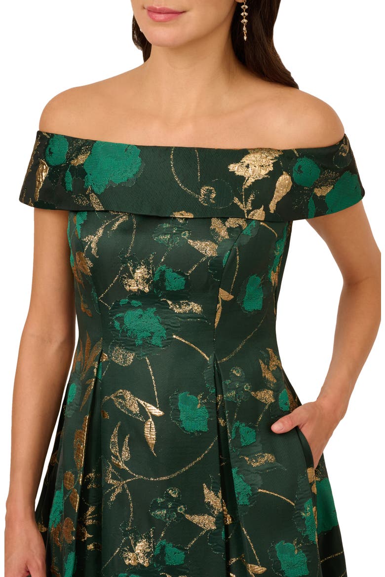 Off the Shoulder Fit & Flare Cocktail Dress, Alternate, color, HUNTER/ GOLD