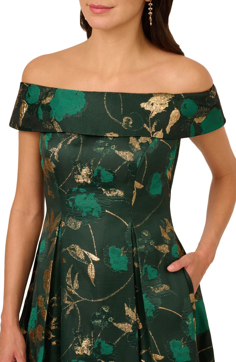 Adrianna Papell Off the Shoulder Fit & Flare Cocktail Dress, Alternate, color, Hunter/ Gold