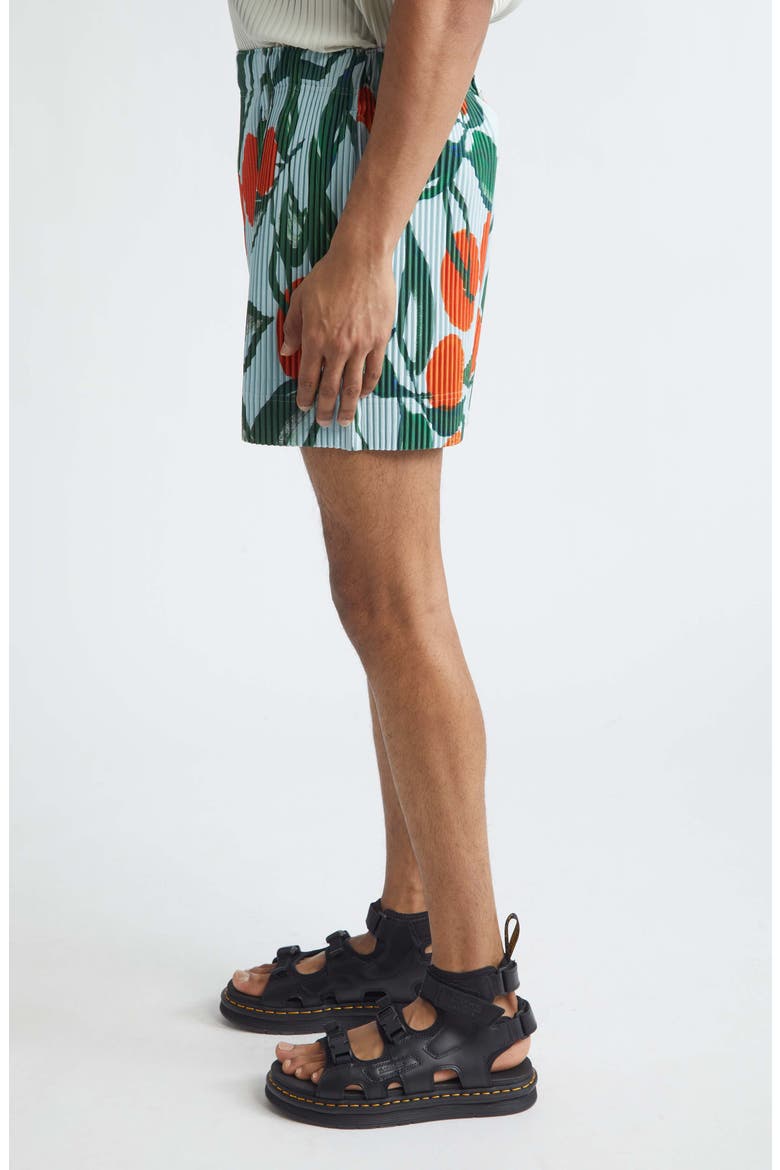 Pleated Fruits & Vegetables Print Shorts, Alternate, color, BLUE