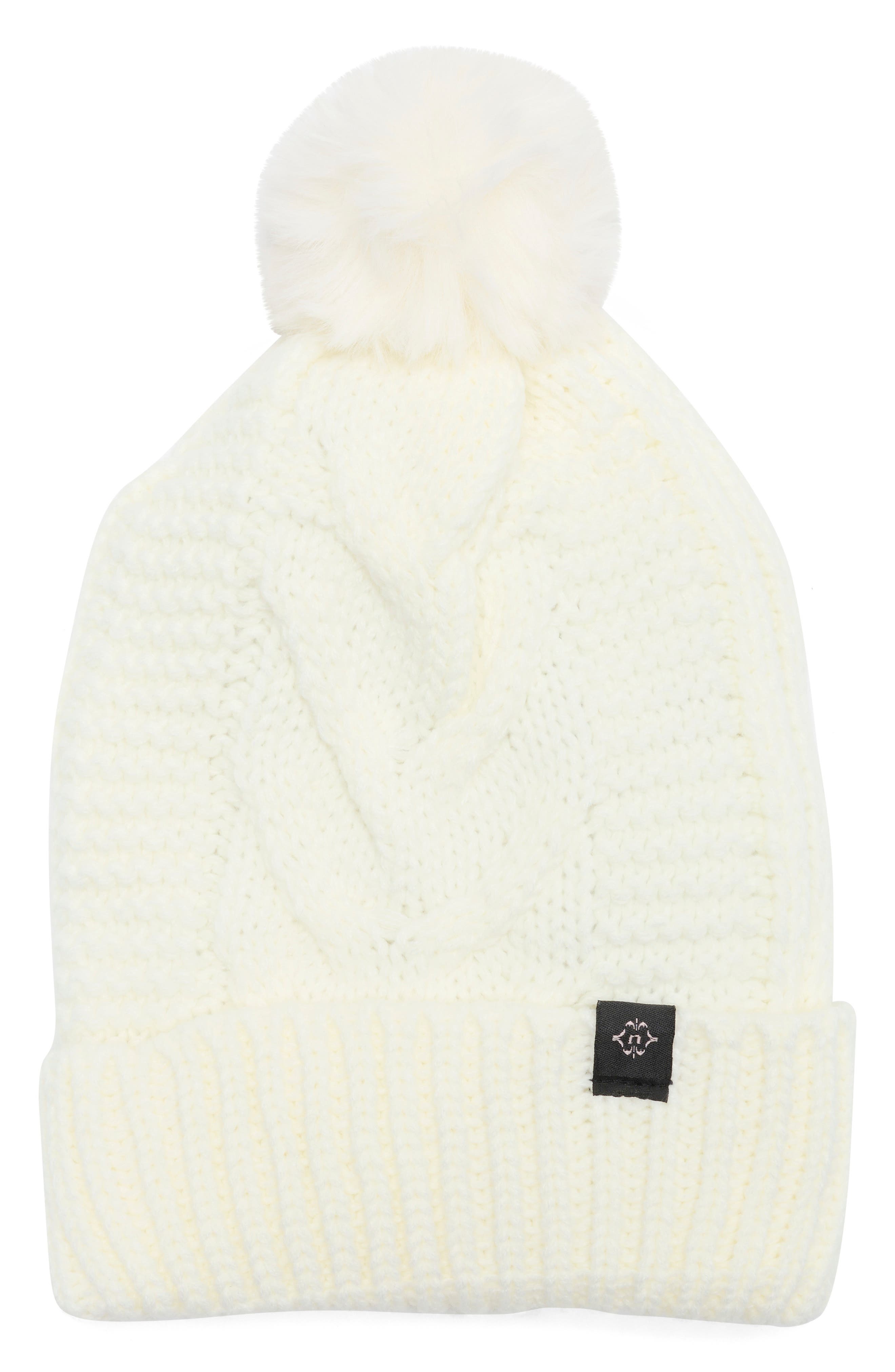 Nanette Lepore Cable Knit Beanie with Faux Fur Pompom
