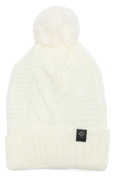Cable Knit Beanie with Faux Fur Pompom