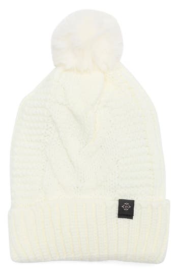 Nanette Lepore Cable Knit Beanie With Faux Fur Pompom In White
