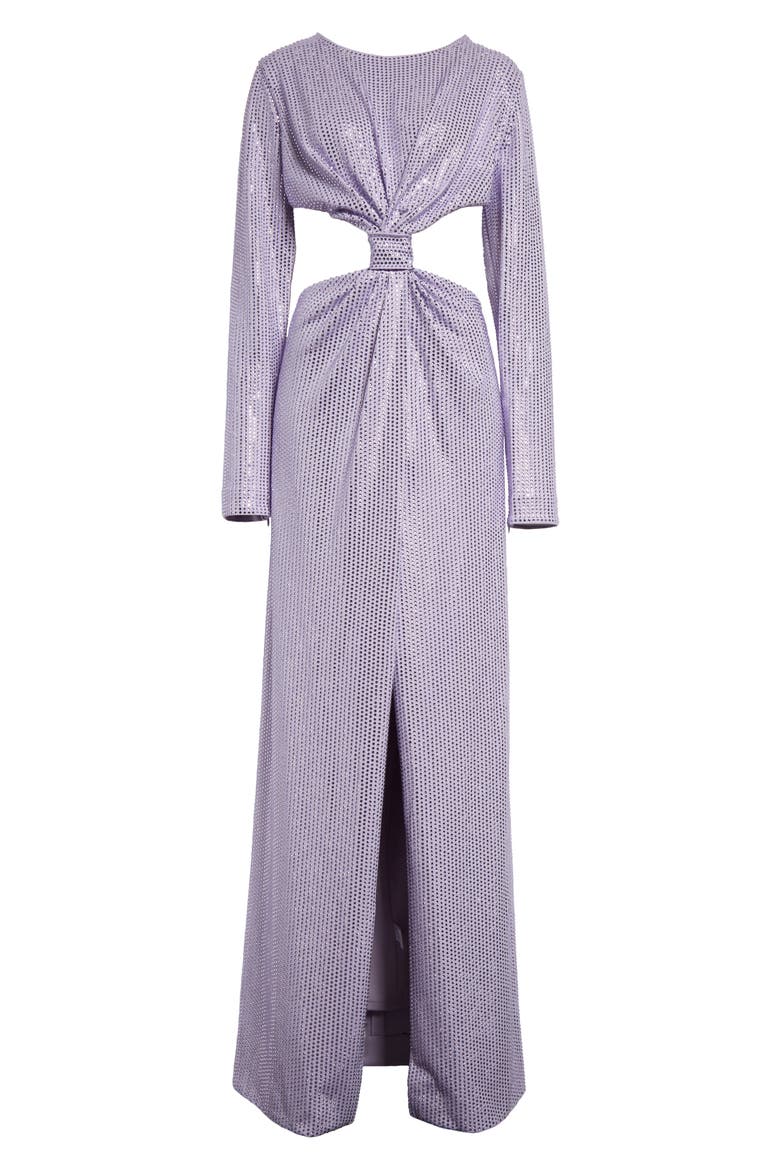 Knotted Cutout Crystal Embellished Long Sleeve Stretch Jersey Gown, Main, color, LILAC