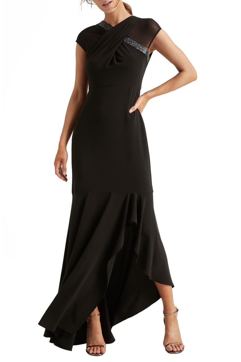 Heritage Crossover Embellished Asymmetrical Gown, Alternate, color, BLACK