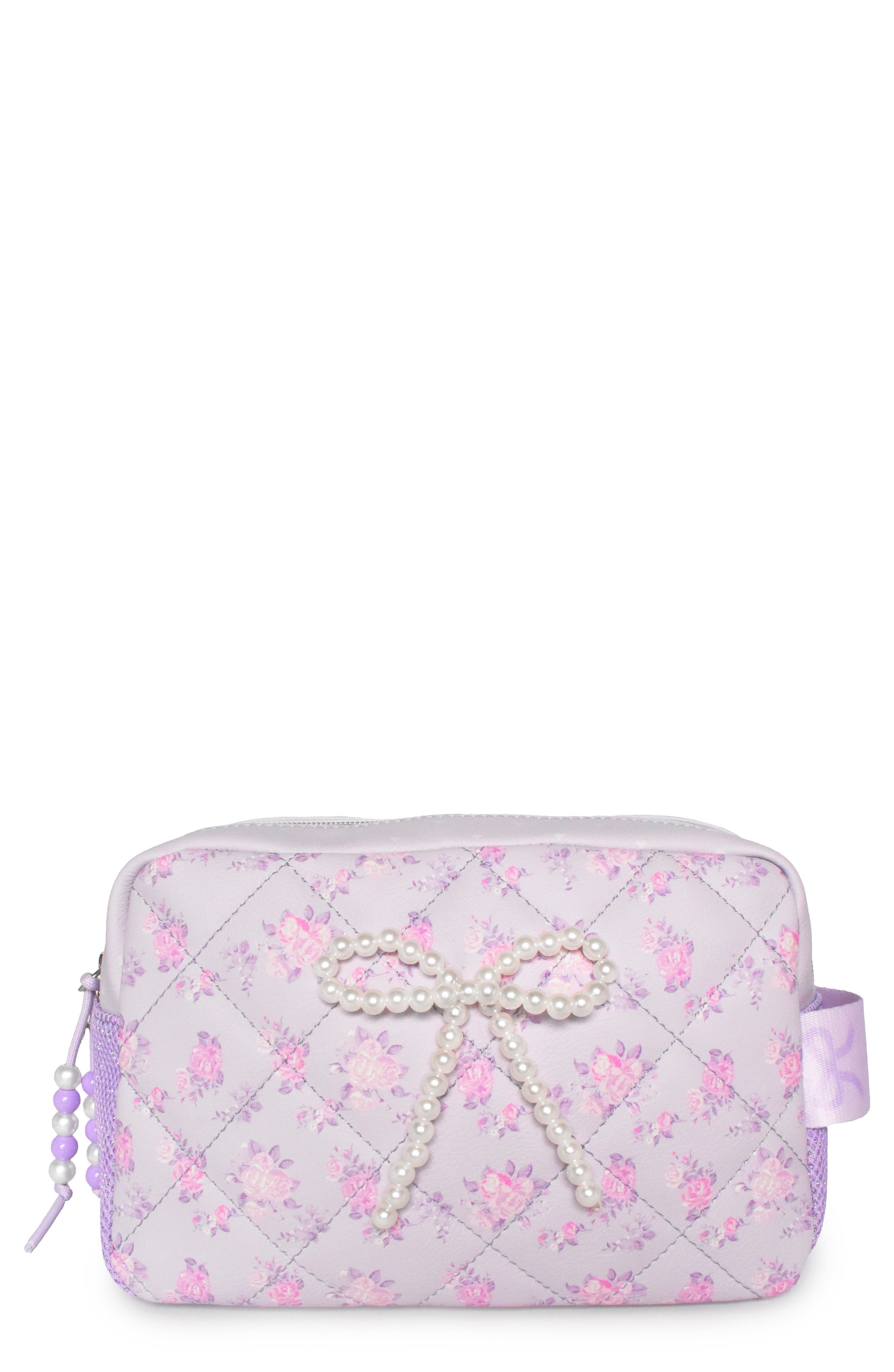 Kids' Bow Pearl Floral Quilted Cosmetic Bag, Main, color, MISTY