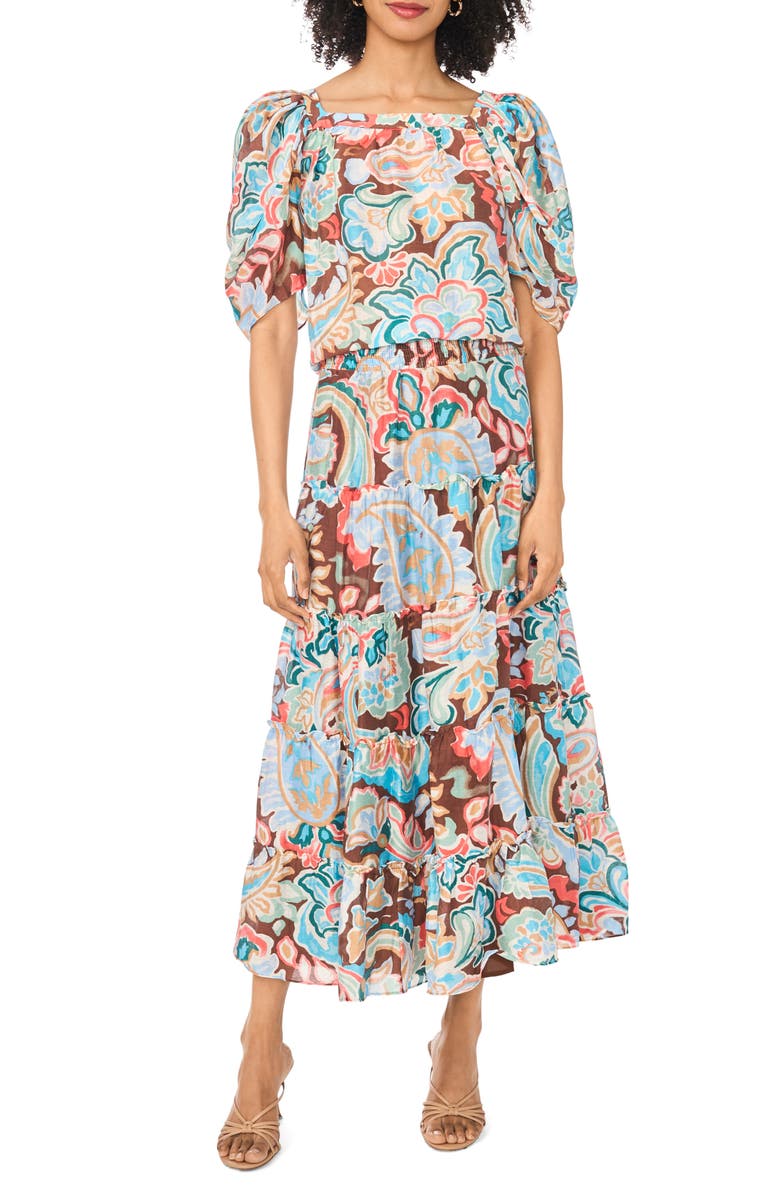 Vince Camuto Short Sleeve Tiered Midi Dress, Main, color, Cocoa