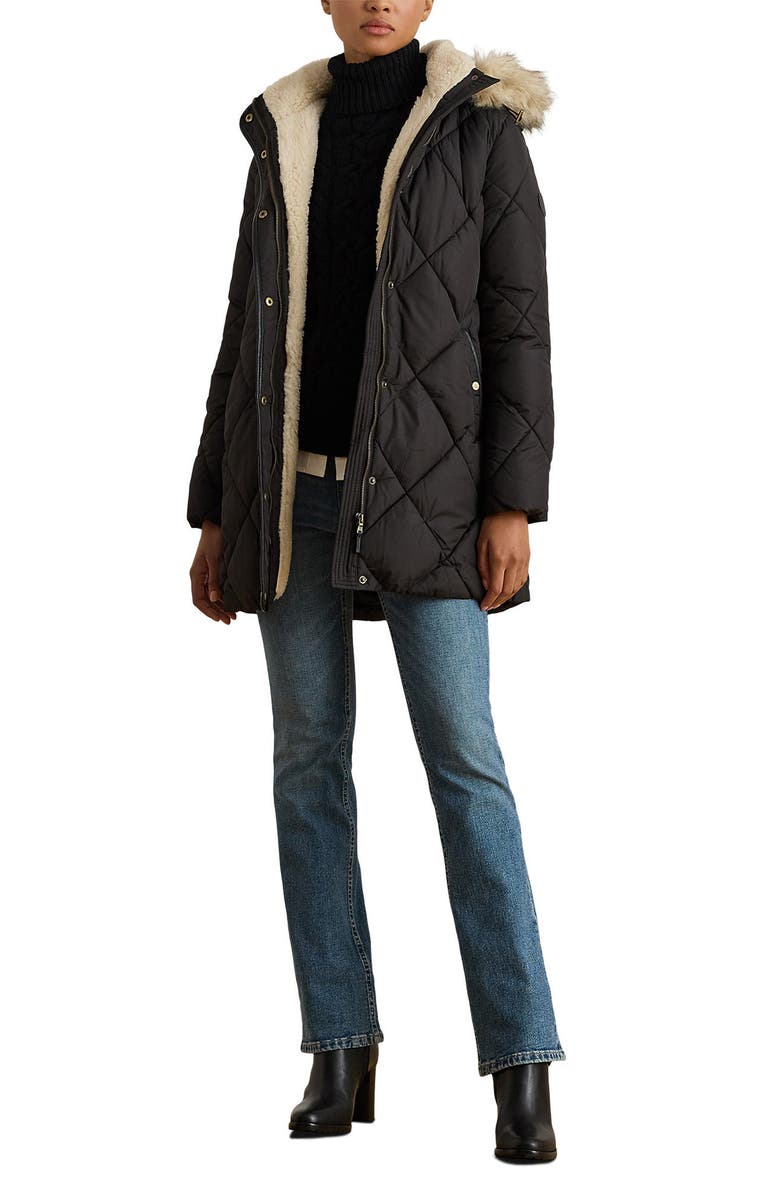 Lauren Ralph Lauren Faux Fur Trim Hooded Puffer Jacket, Alternate, color, Black