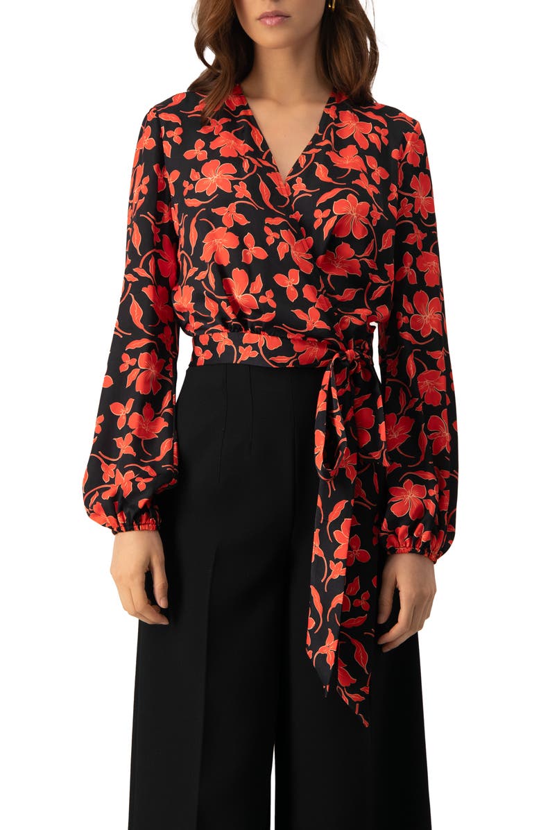 IVONNE Floral Wrap Blouse with Tie Waist, Main, color, Red
